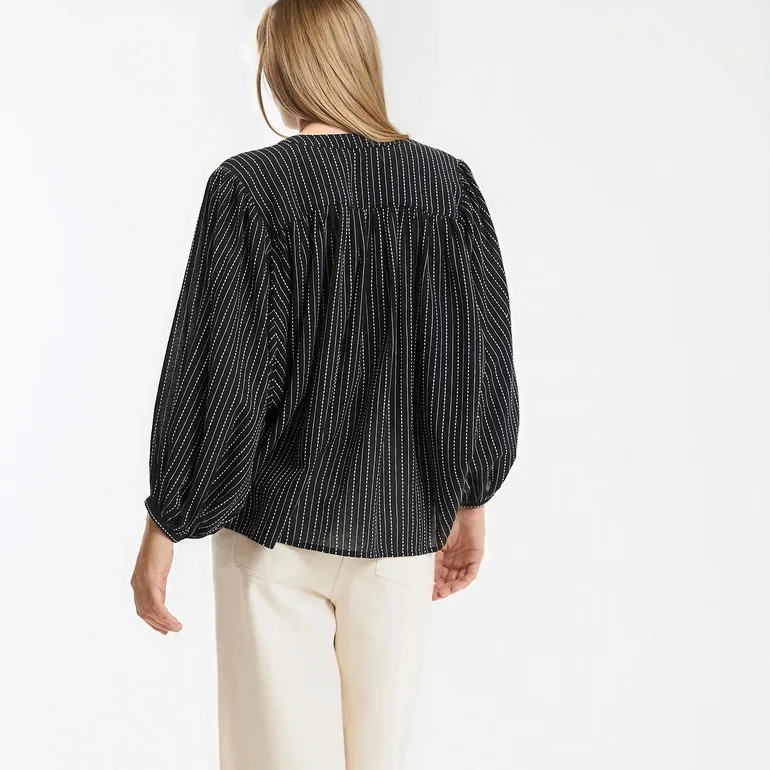 Striped Mandarin Collar Shirt with 3/4 Length Sleeves - 3
