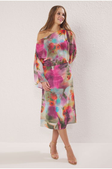 Multicolored Abstract Plain Cut Cape Detail Lined Chiffon Woven Dress
