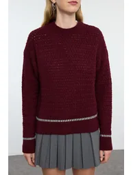 Claret Red Soft Textured Hair Knitted Crew Neck Knitwear Sweater - 3