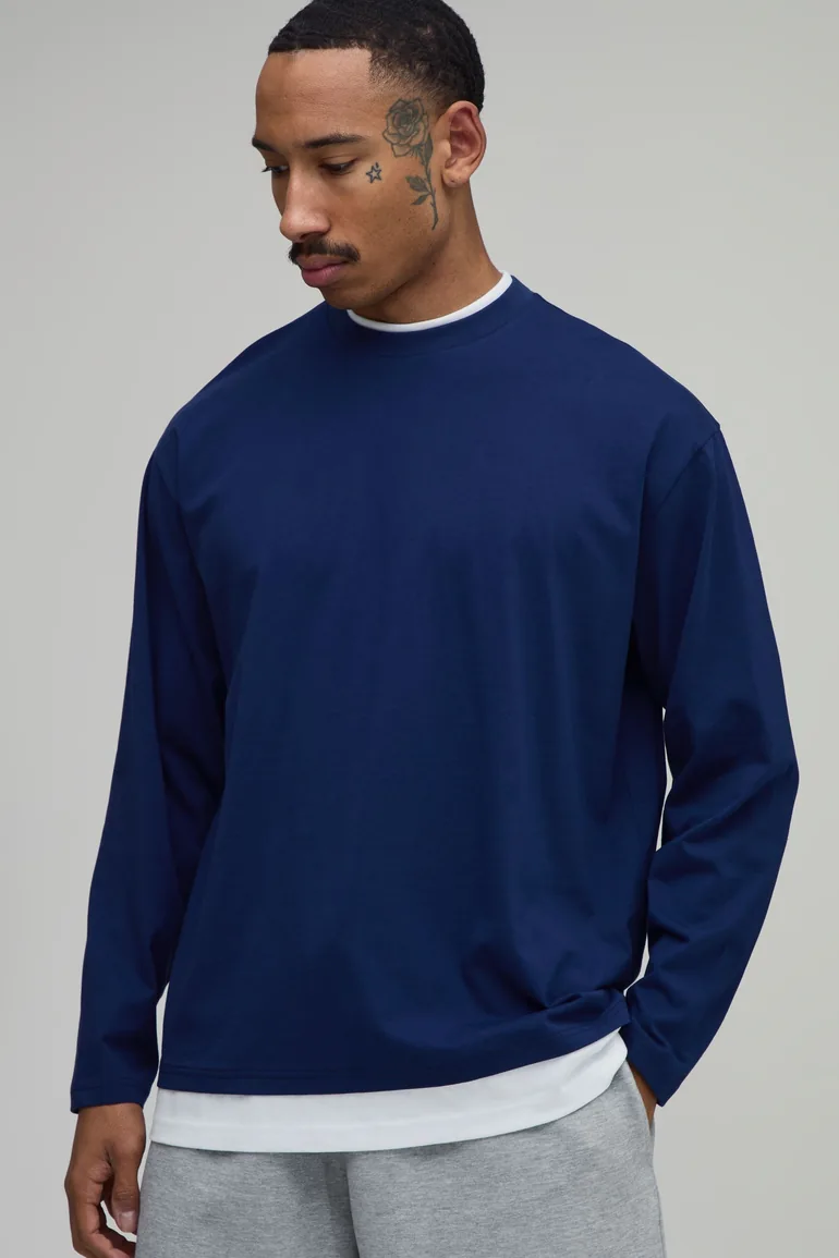 Oversized Faux Layer Long Sleeve T- Shirt - navy