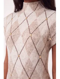 Studded Argyle Wool Blend Cosy Knit Belted Midi Dress - 2