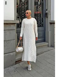 Beige Embroidered Hair and Diamond Patterned Slit Knitted Women's Knitwear Midi Dress