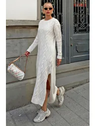 Beige Embroidered Hair and Diamond Patterned Slit Knitted Women's Knitwear Midi Dress - 1