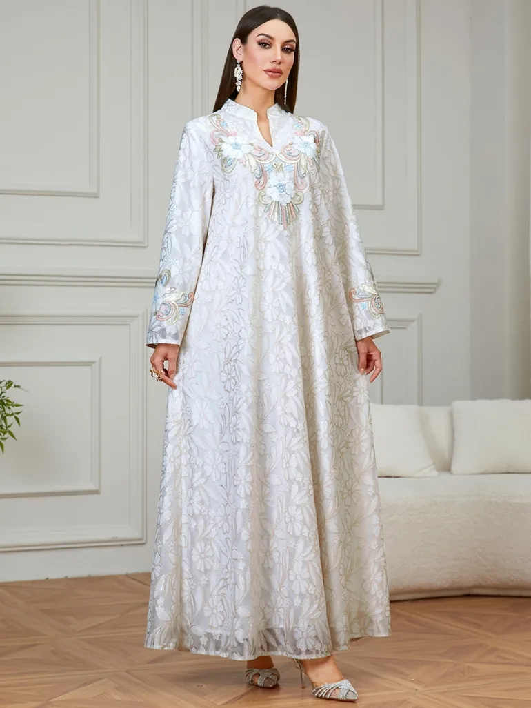 Beige Floral Embroidered A-Line Jalabiya - 3