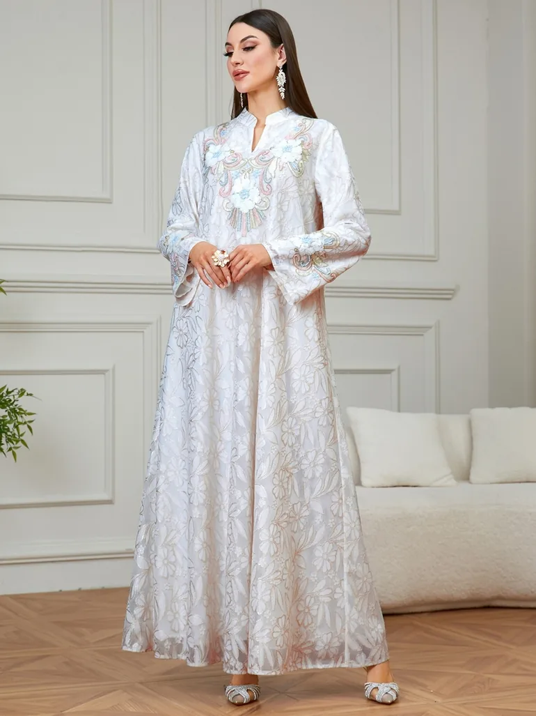 Beige Floral Embroidered A-Line Jalabiya - 1