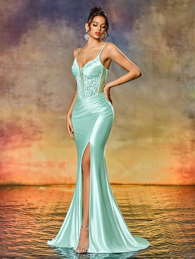 Leely Elegant & Sexy Spaghetti Strap Sequin-Embroidered Floral-Patterned Ruched High-Slit Mermaid Evening Gown - 5