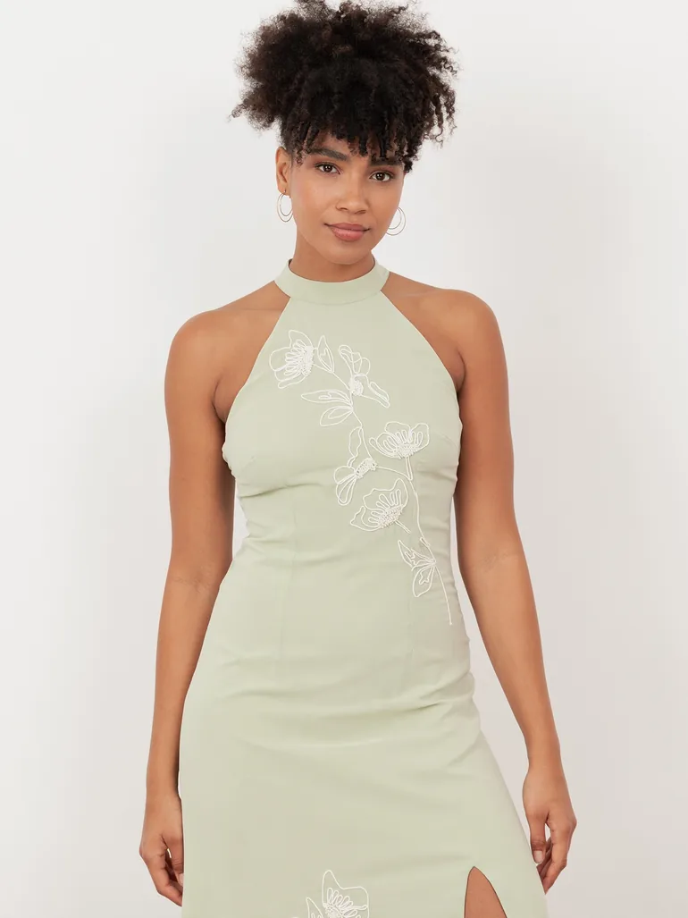 Maya Meadow Green Embroidered Halter Neck & Keyhole Back Maxi Dress - 3
