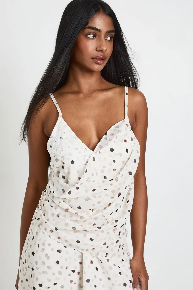 Polka Dot Lace Trim Asymmetric Cami Dress - ivory - 3