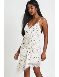 Polka Dot Lace Trim Asymmetric Cami Dress - ivory