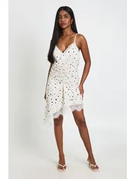 Polka Dot Lace Trim Asymmetric Cami Dress - ivory - 2
