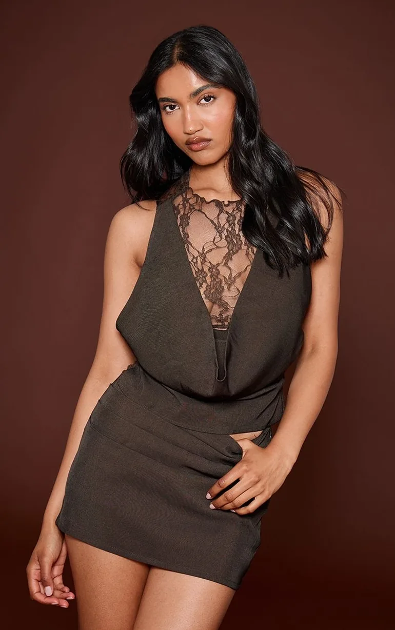 Chocolate Brown Tailored Lace Drape Detail Top - 5