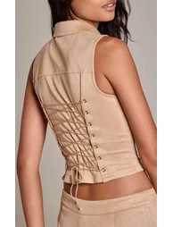 Sand Faux Suede Collared Lace Up Back Detail Top - 1