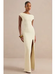 Aroa | Cream Bardot-Neck Maxi Dress With Front High Split