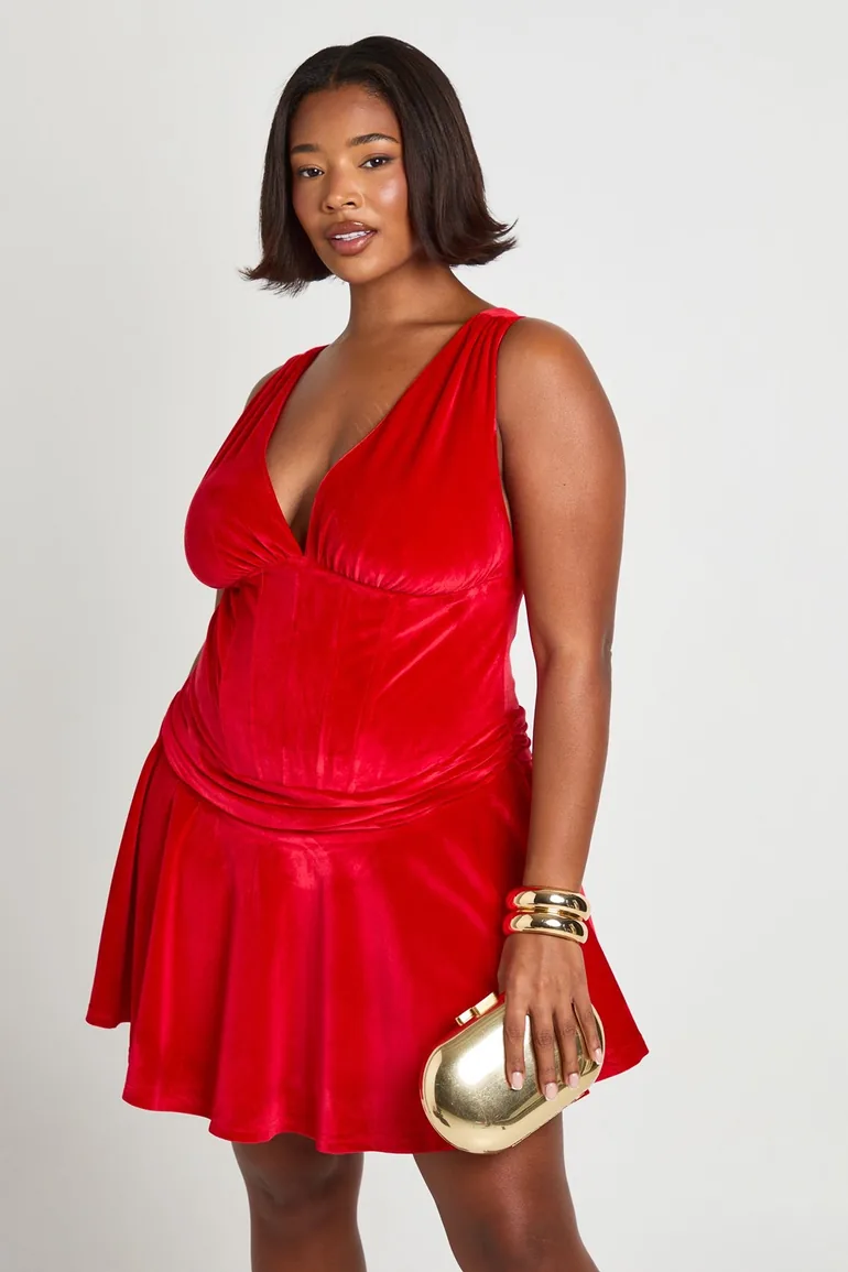 Plus Ruched Bust Drape Front Skater Dress - red - 1