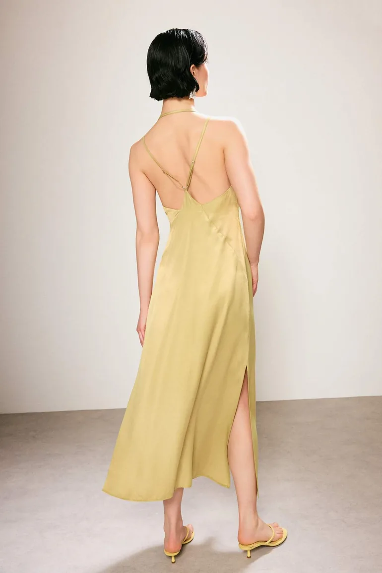 Oil Green Satin Maxi Woven Dress - 3
