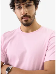 Men Pink Plain Interlock Cotton T-Shirt - 4