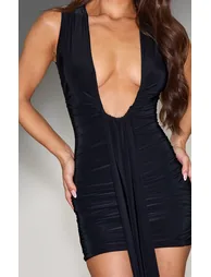 Black Plunge Ruched Mini Dress - 3