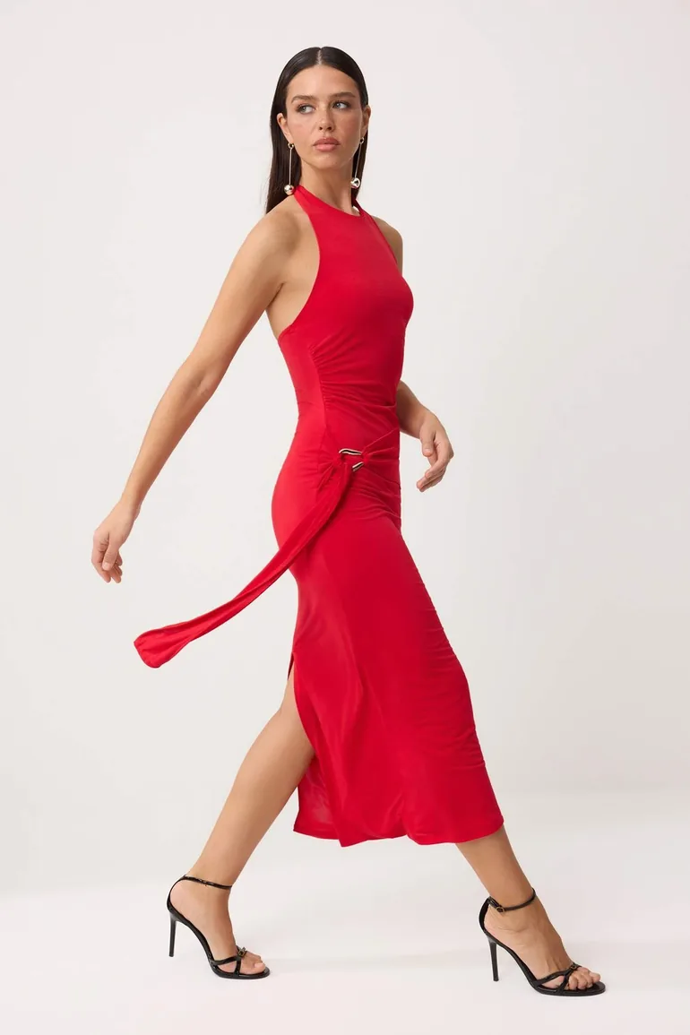 Red Plain Woven Sandy Short / Mini Unlined Dress - 1