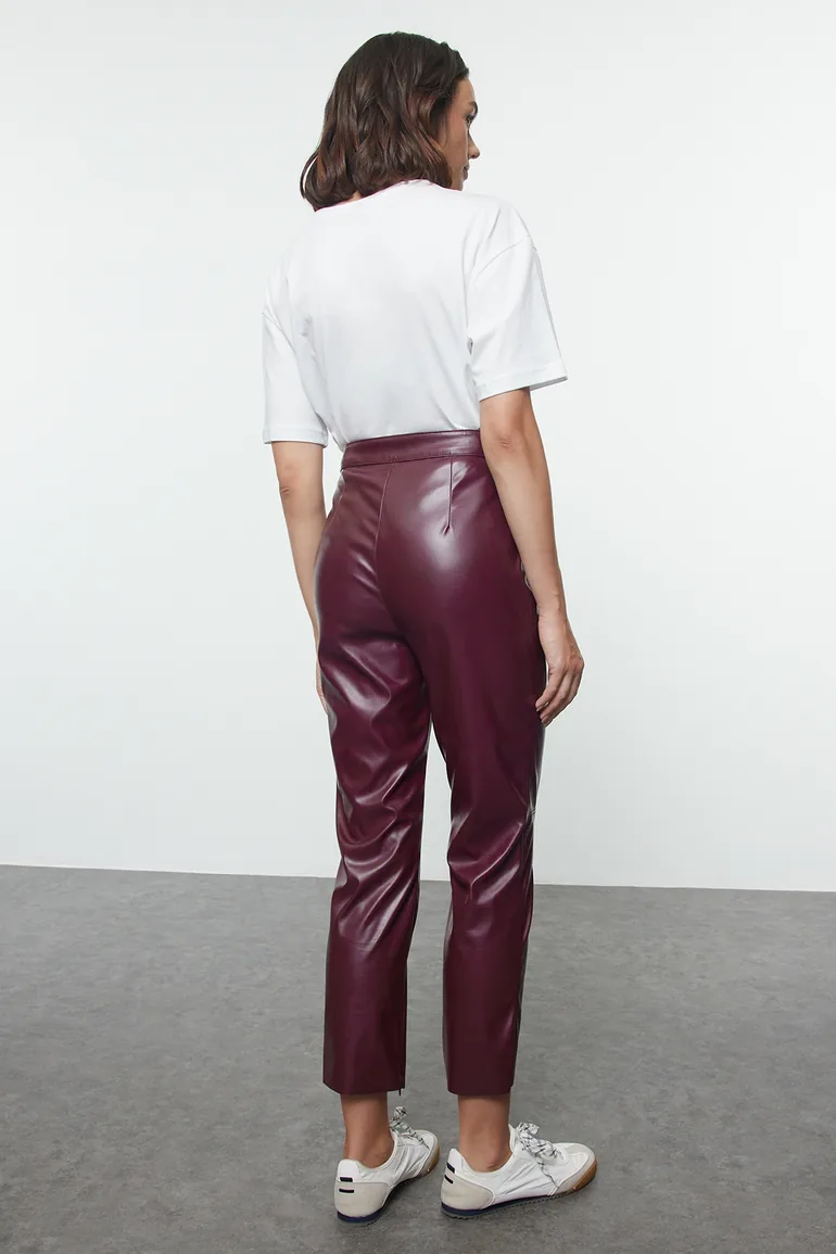 Claret Red Faux Leather Cigarette Zippered Woven Trousers - 5