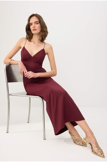Plum Woven Scuba Crepe Strap Maxi Evening & Graduation Dress product thumbnail 2
