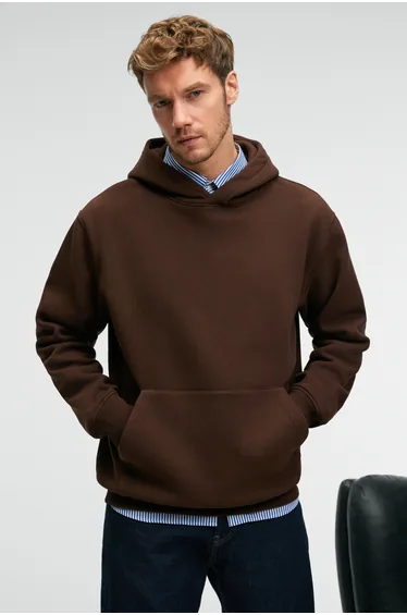 GRIMELANGE AMOS Men's Soft Fabric 3-Ply Oversize Hoodie with Kangaroo Pocket in Dark Brown