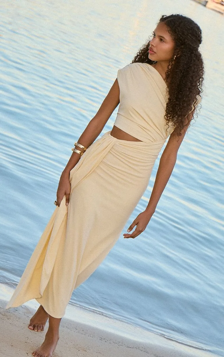 Almond Soft Touch Ruched Asymmetric Cut Out Maxi Dress - 4