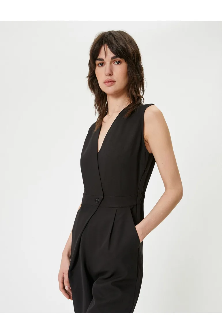Jumpsuit Double Breasted V Neck Sleeveless Pocket Pleat Detailed - 2