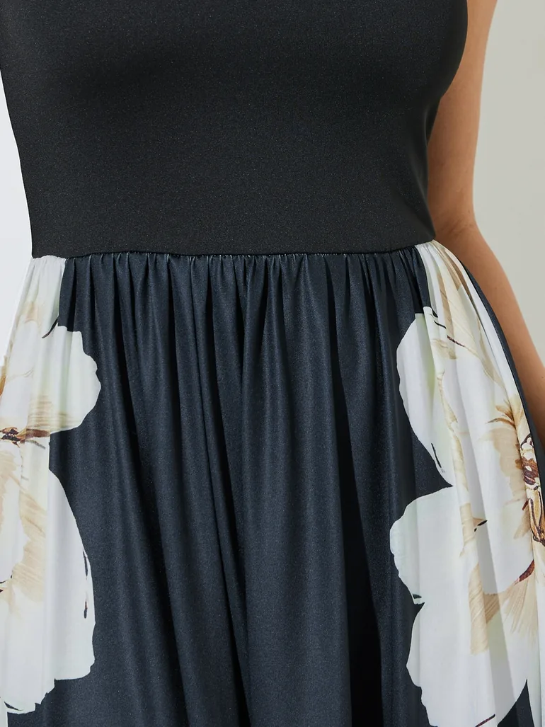 Black Floral Print A-Line Midi Dress - 3