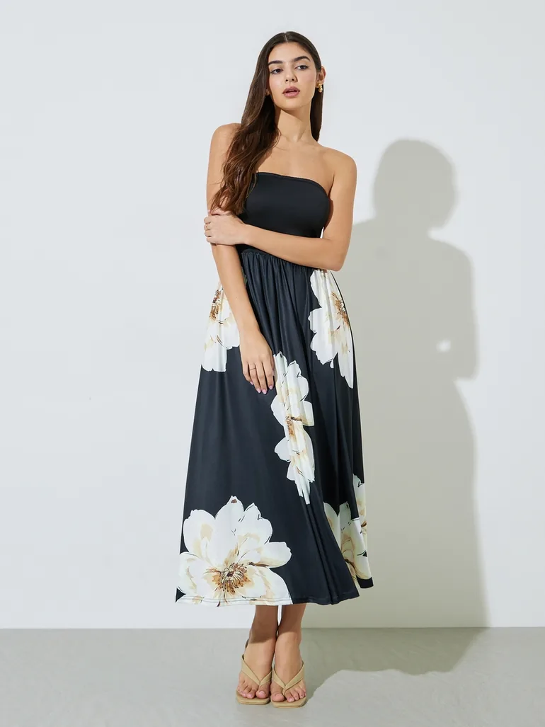 Black Floral Print A-Line Midi Dress - 2