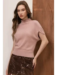 Roll Mock Neck Ribbed Waist Wool-Blend Top in Pink for Casual Workdays & Office Layering