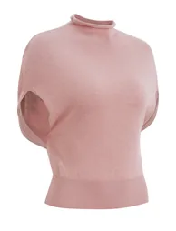 Roll Mock Neck Ribbed Waist Wool-Blend Top in Pink for Casual Workdays & Office Layering - 7