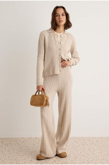 Beige Soft Textured Polo Collar Ribbed Cardigan Pants Knitwear Bottom - Top Set