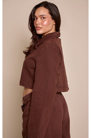Plus Chocolate Cropped Denim Contrast Stitch Jacket product thumbnail 2