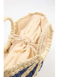 Navy Blue Color Block Straw Oval Women's Medium Size Handbag - 2