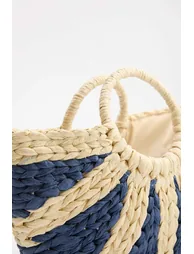 Navy Blue Color Block Straw Oval Women's Medium Size Handbag - 1