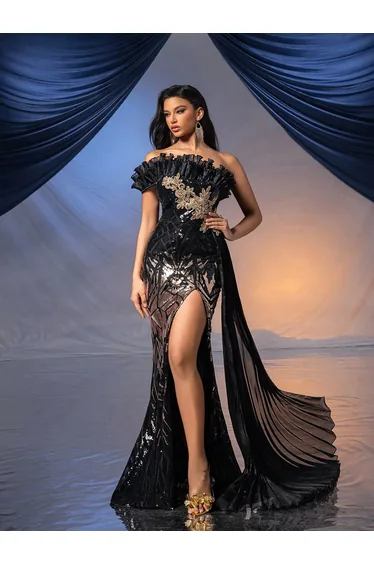 QOQ Glamorous Upscale Beaded Formal Dress Women One Shoulder