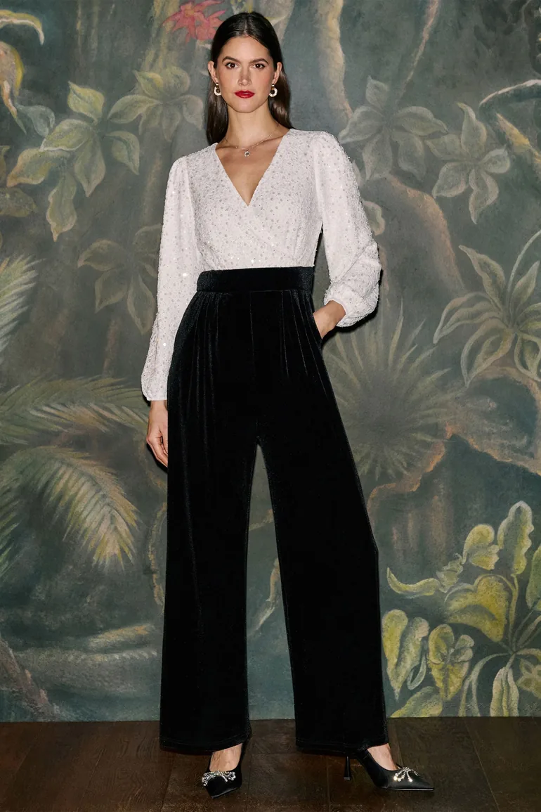 Yumi Ivory Embellished Pearl Sequin Velvet Jumpsuit