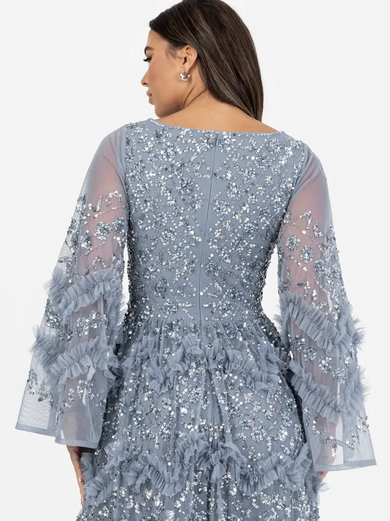 Maya Dusty Blue Fully Embellished Maxi Dress with Frill Detail - 3