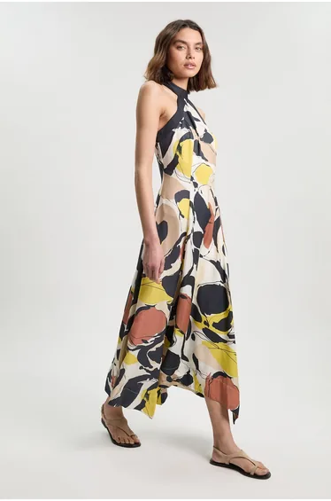 Abstract Print Viscose Linen Woven Halter Neck Maxi Dress