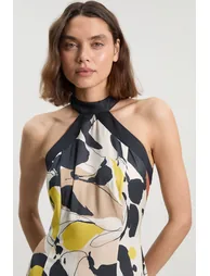 Abstract Print Viscose Linen Woven Halter Neck Maxi Dress - 1
