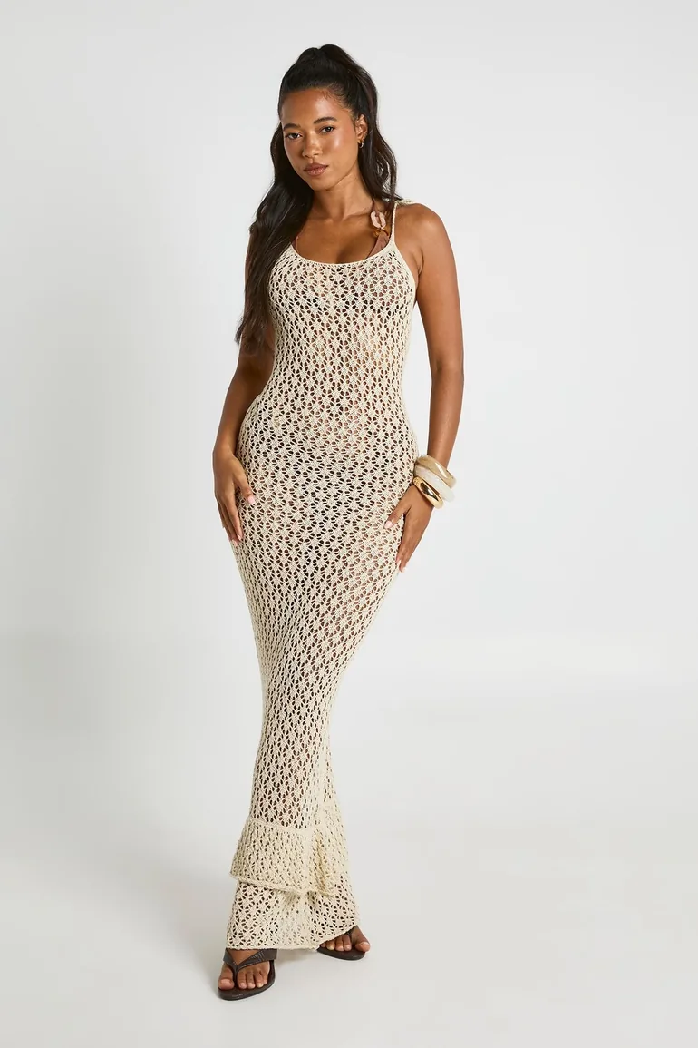Beach Crochet Tie Strap Maxi Dress - stone