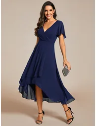 Deep V-Neck Chiffon Ruffle Sleeve Wedding Guest Dress - 2