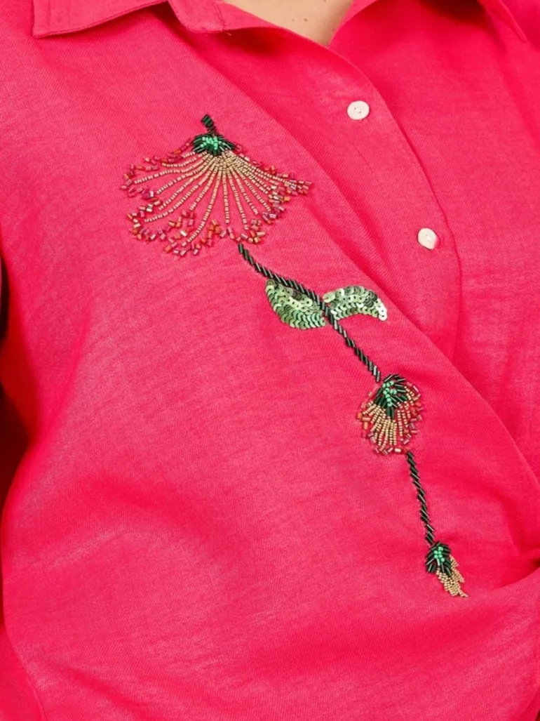 Pink Beaded Detail Wrap Shirt and Pants Co-ords - 1