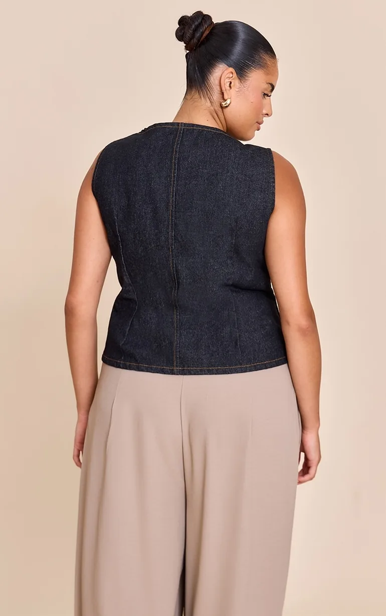 Plus Raw Indigo Wash Zip Detail Sleeveless Denim Top - 1