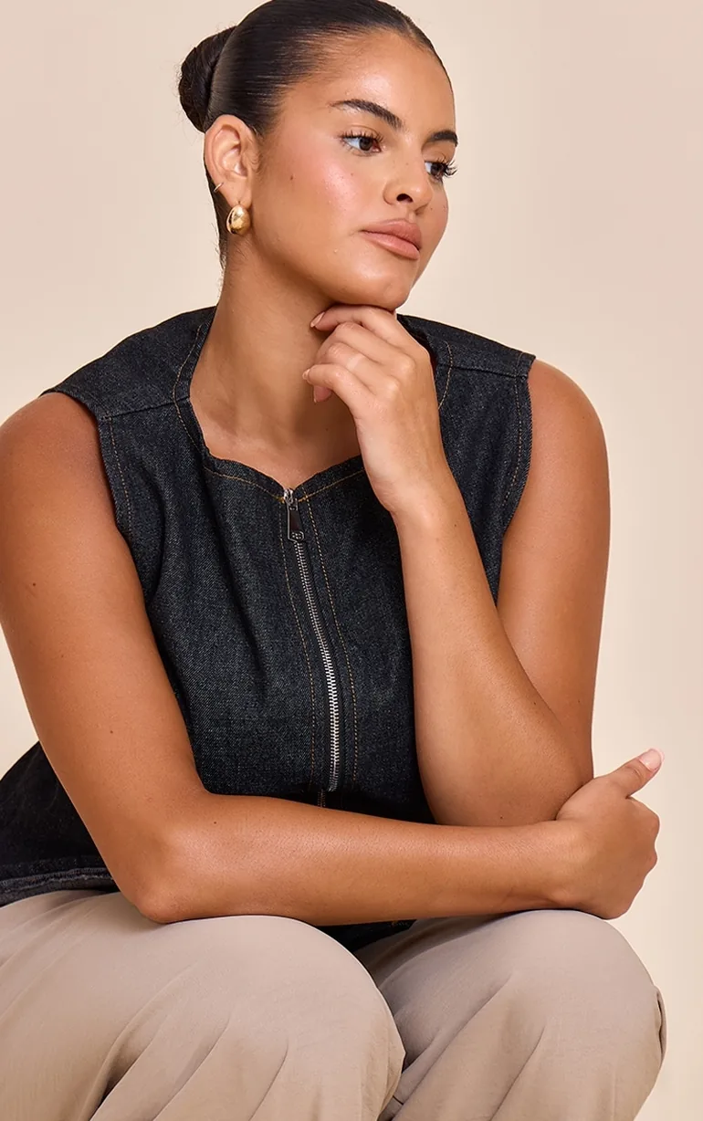 Plus Raw Indigo Wash Zip Detail Sleeveless Denim Top - 3