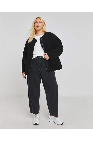 Black Round Neck Borg Jacket