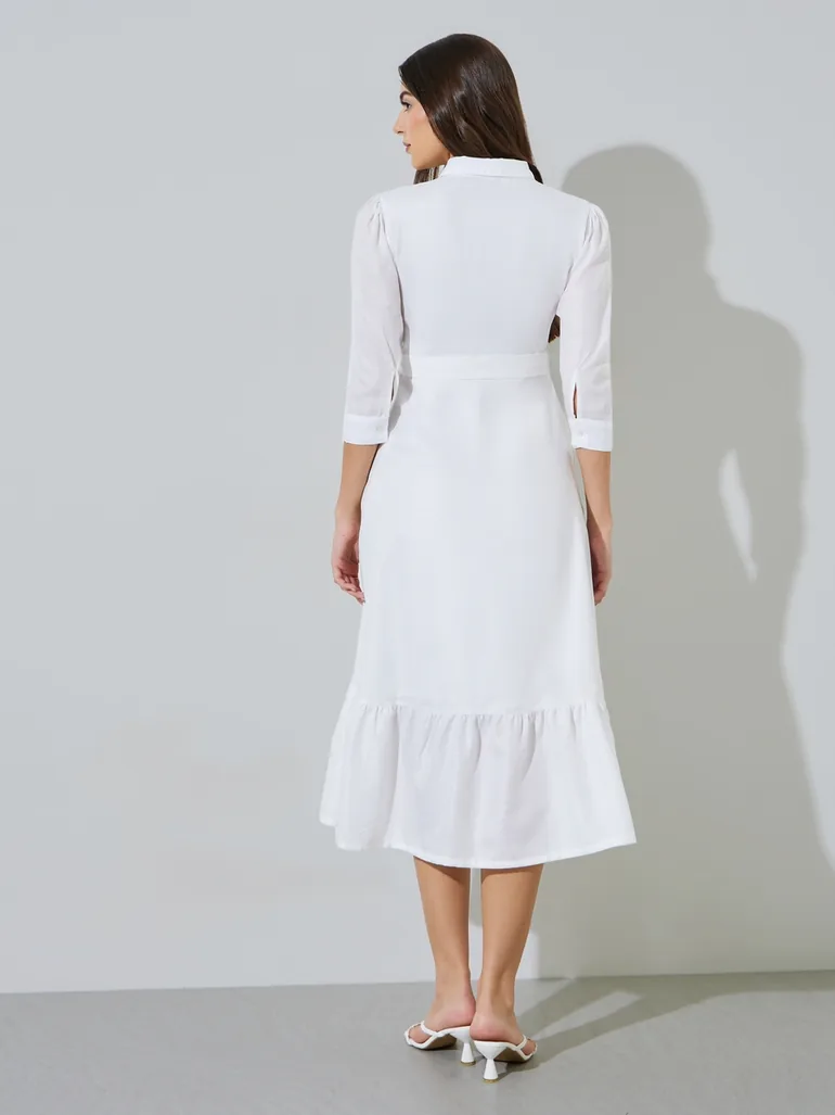 White Floral Embroidered 3/4 Sleeves Midi Shirt Dress - 4