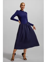 Clara High Neck Button Midi Dress in Blue