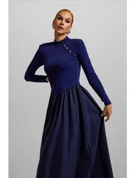Clara High Neck Button Midi Dress in Blue - 2