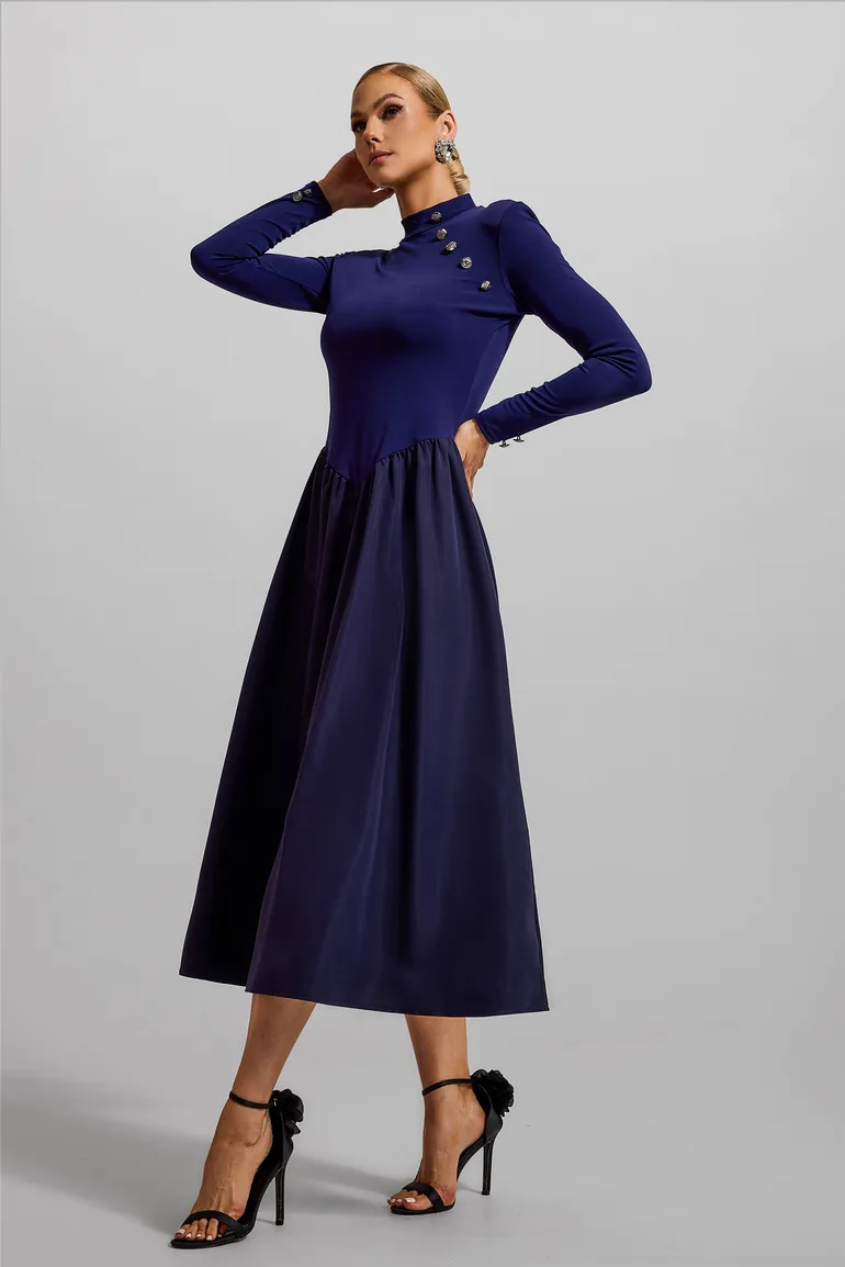 Clara High Neck Button Midi Dress in Blue - 6